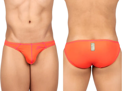 Front and back views of a neon orange bikini-cut brief against white.