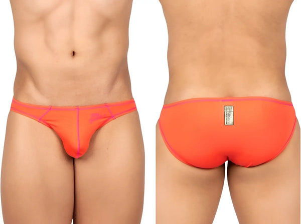 Front and back views of a neon orange bikini-cut brief against white.