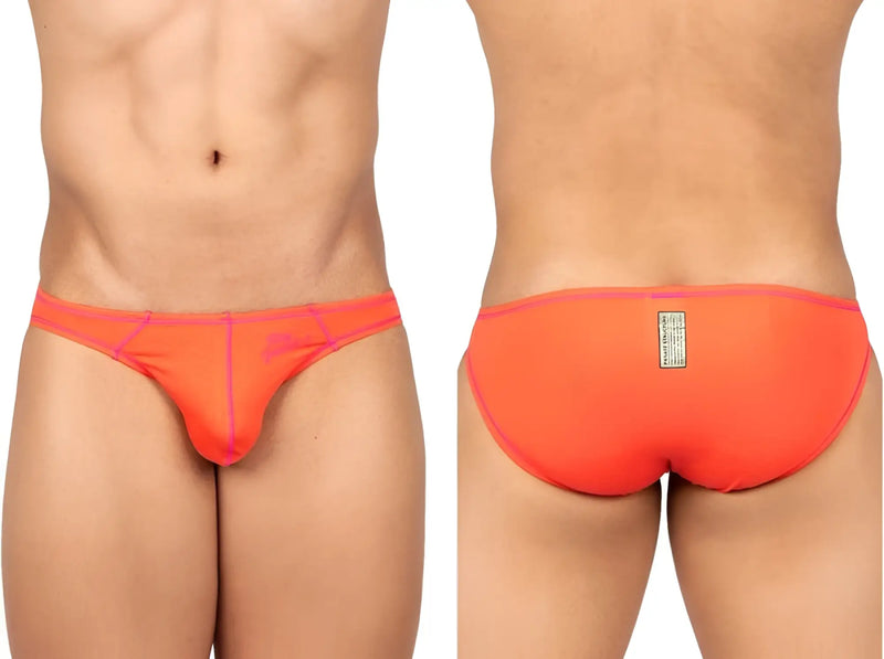 Front and back views of a neon orange bikini-cut brief against white.