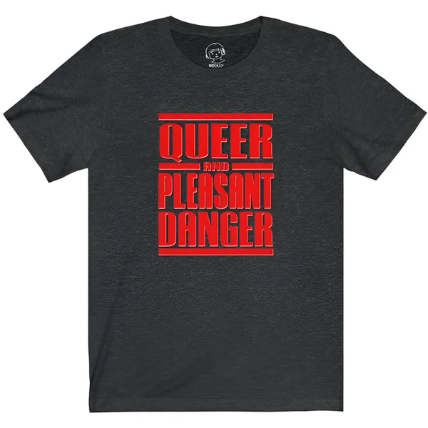 Gray heathered crewneck t-shirt with red text centered against white background.