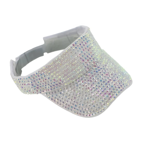 White visor covered in iridescent rhinestones with an adjustable plastic strap attachment.