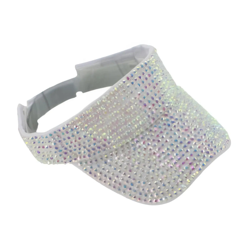 White visor covered in iridescent rhinestones with an adjustable plastic strap attachment.