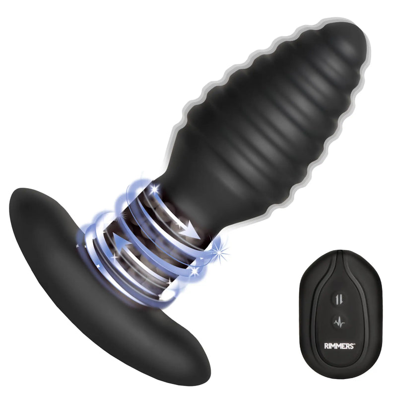 Black ridged silicone plug with blue motion rings and remote control unit.