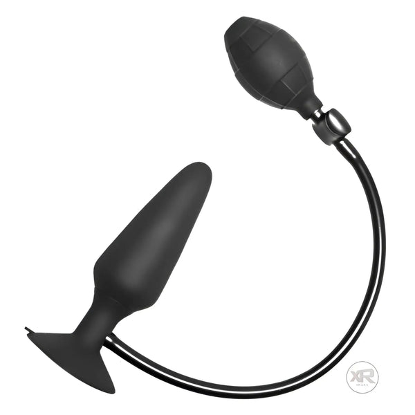 A black silicone tapered probe connected to an air pump against white.
