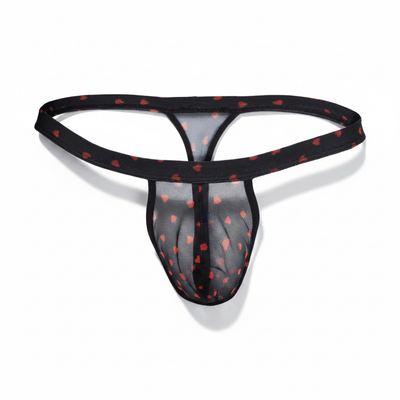 Black mesh thong with red heart patterns from secret male lingerie collection shown from the back side