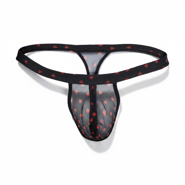Black mesh thong with red heart patterns from secret male lingerie collection shown from the back side