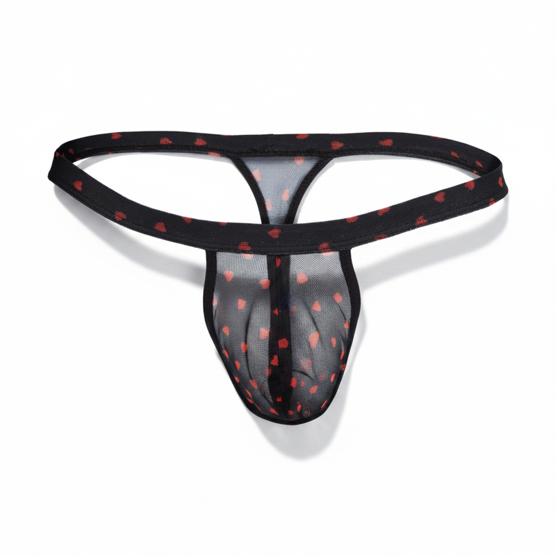 Black mesh thong with red heart patterns from secret male lingerie collection shown from the back side