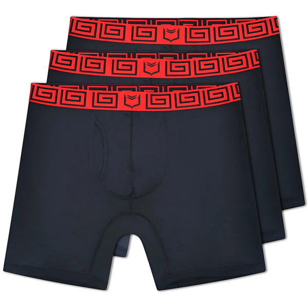 Three black boxer briefs with red patterned waistbands stacked against white background.