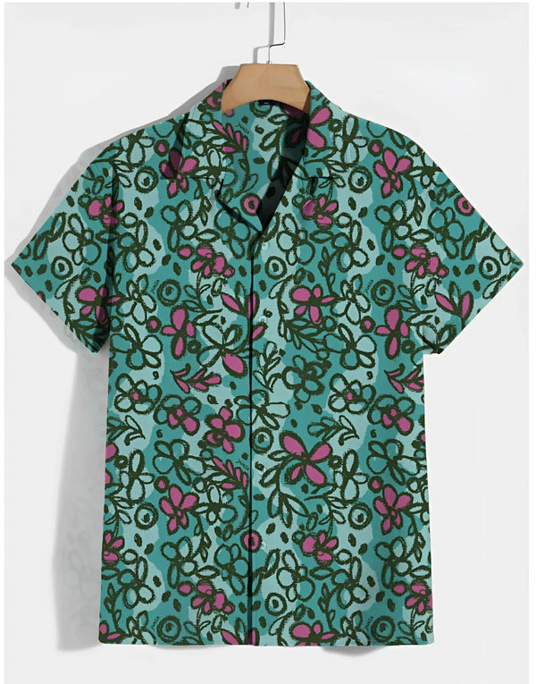 Teal short-sleeve shirt with floral pattern on wooden hanger, plain background.