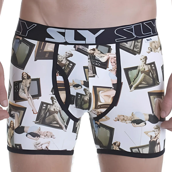 White boxer briefs with retro TV and pinup girl print, black waistband.