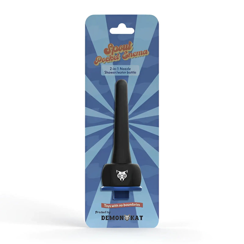 A black silicone nozzle attachment is centered on a blue starburst card.