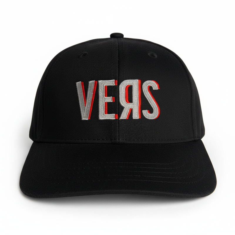 Black baseball cap with vers embroidered in silver and red thread from spunky monkee caps collection