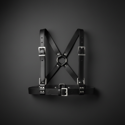 Black leather harness with silver metal buckles and central ring from the strict leather collection