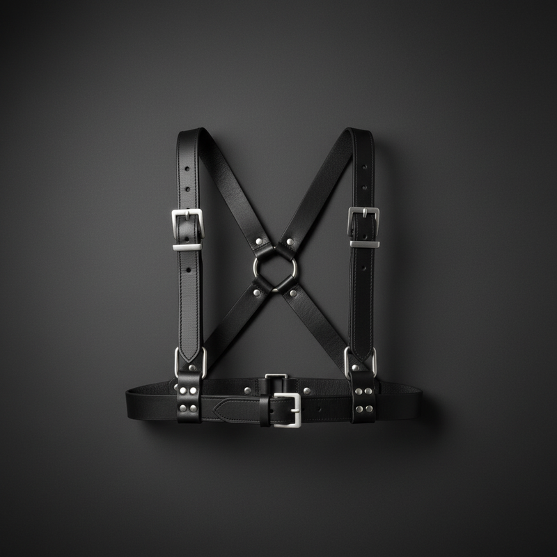 Black leather harness with silver metal buckles and central ring from the strict leather collection