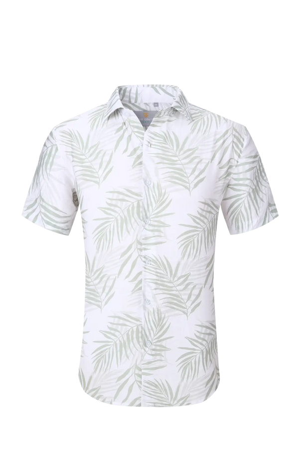Short-sleeve button-up shirt with white and sage green tropical leaf pattern.