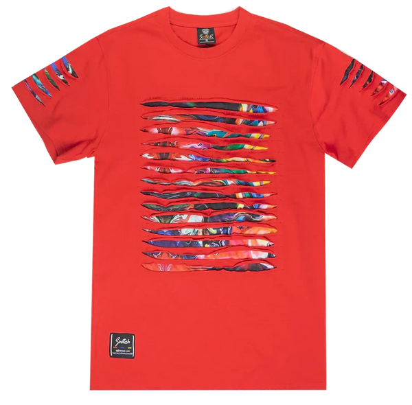 Red t-shirt with horizontal slashed fabric revealing colorful abstract patterns against black.