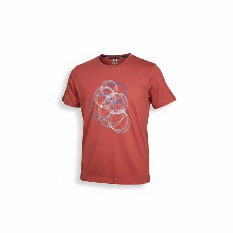Rust-colored short-sleeved t-shirt from T.R. Premium Shirts featuring white and blue overlapping translucent circles graphic.