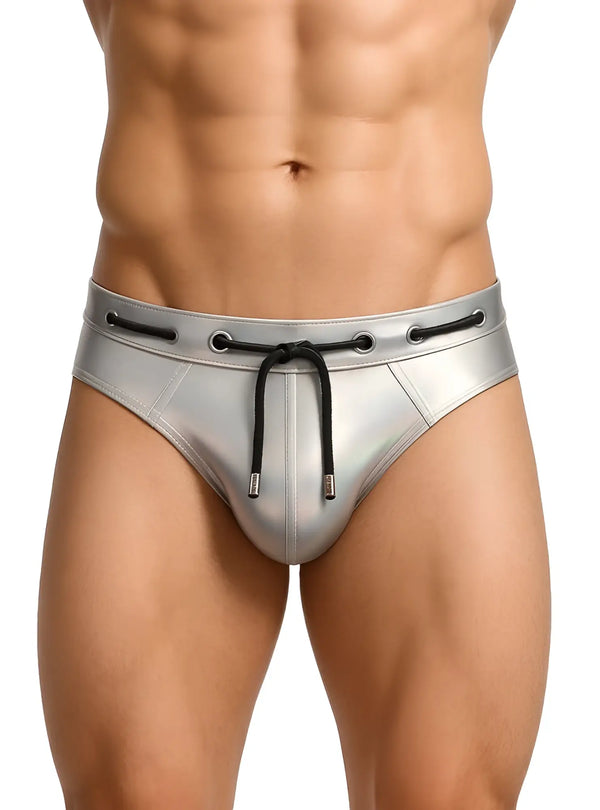 Silver metallic swim briefs with black drawstring against a plain white background.