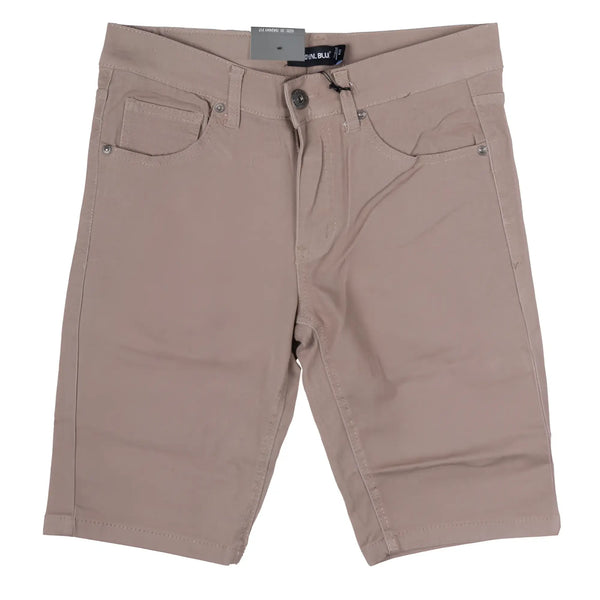 Beige twill shorts with five pockets, a button fly, and white background.