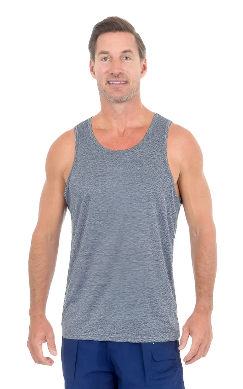 Man in heather gray tank top standing against a plain white background.
