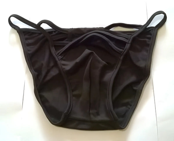 Black fabric briefs with multiple side straps displayed on a white background.