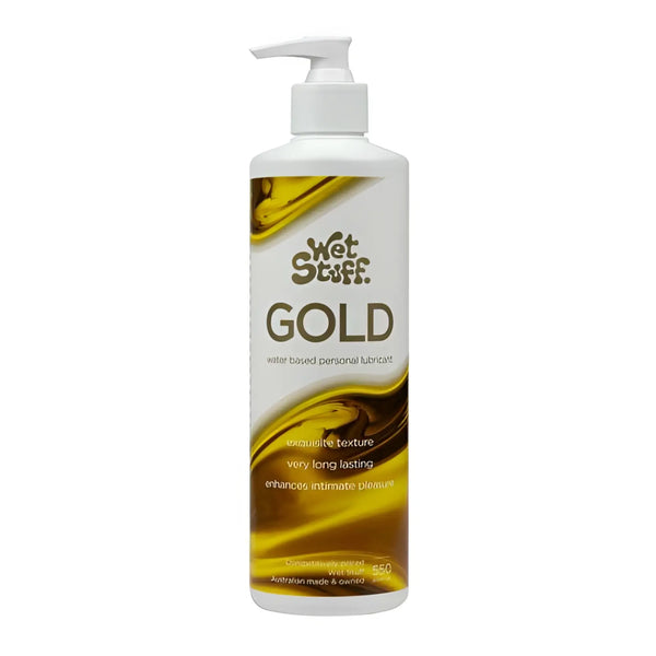 White plastic pump bottle with gold liquid graphic on plain white background.