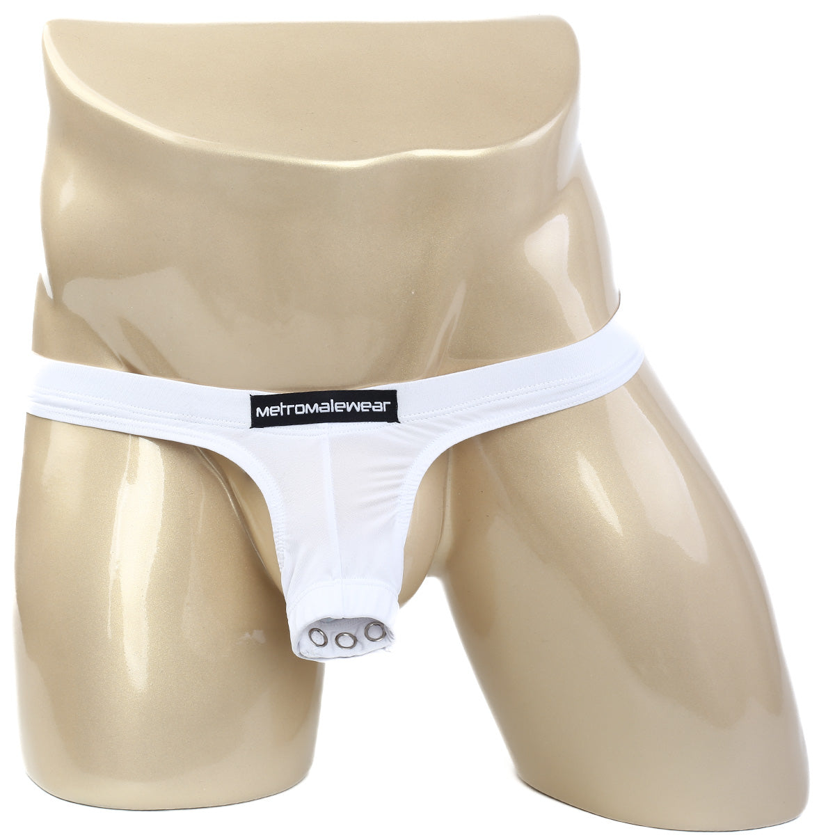 MetroMaleWear suspensory white thong with black brand label and three silver grommets at the leg opening