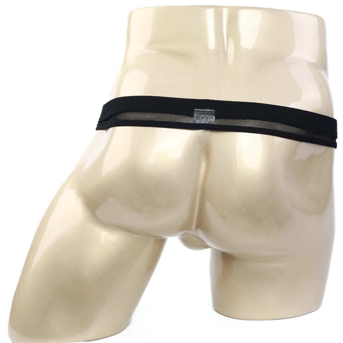 MetroMaleWear Suspensory black mesh briefs with a solid black elastic waistband front view