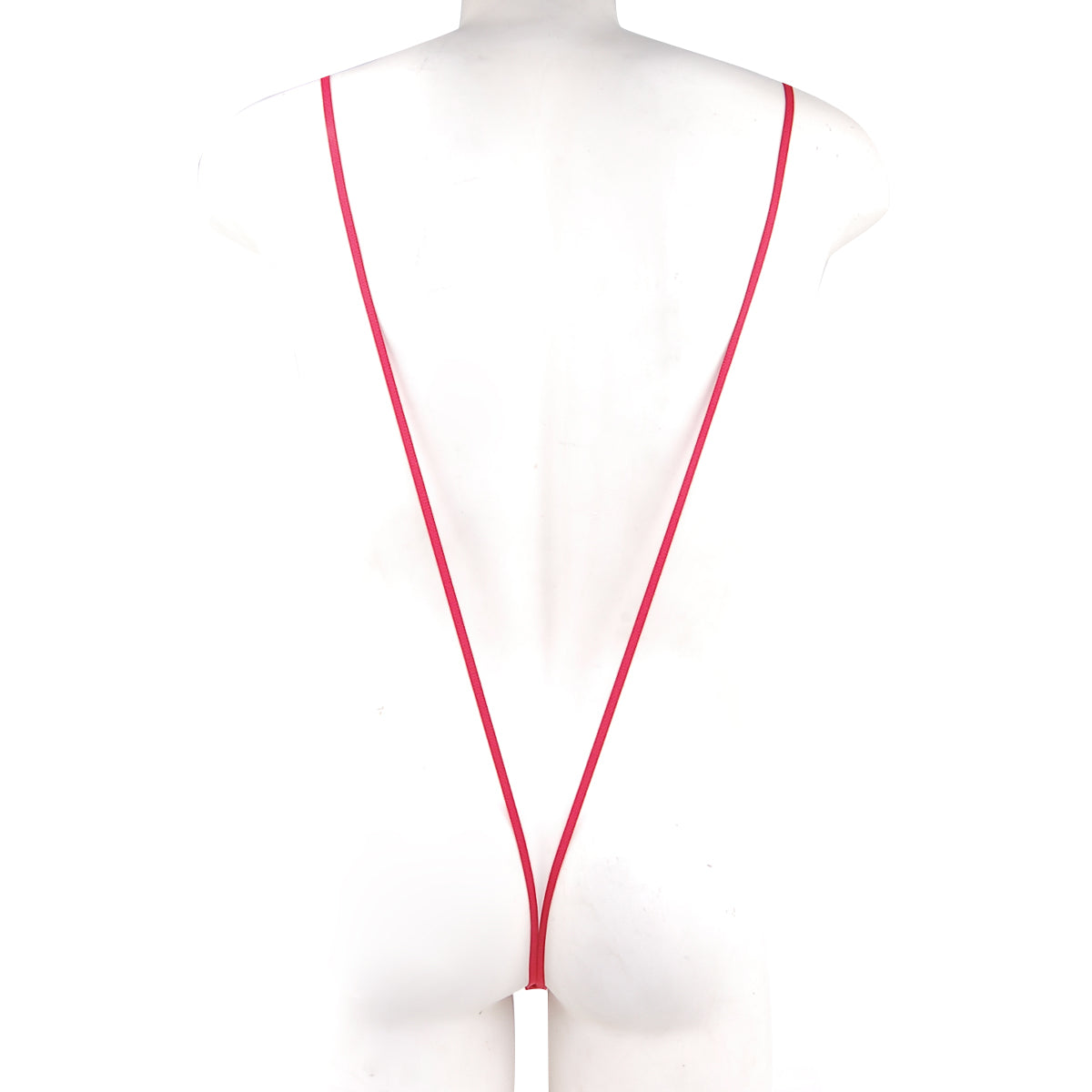 A sleek vibrant red MetroMaleWear Miami bodysuit with a minimalist white rectangular tag on a lanyard