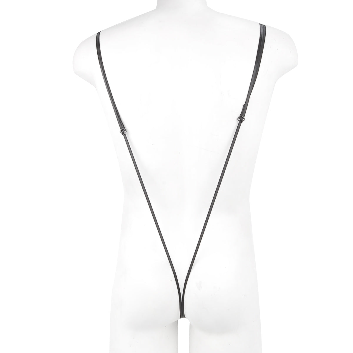 Black leather strap with adjustable metal clasps and white cylindrical attachment on metro malewear miami bodysuit