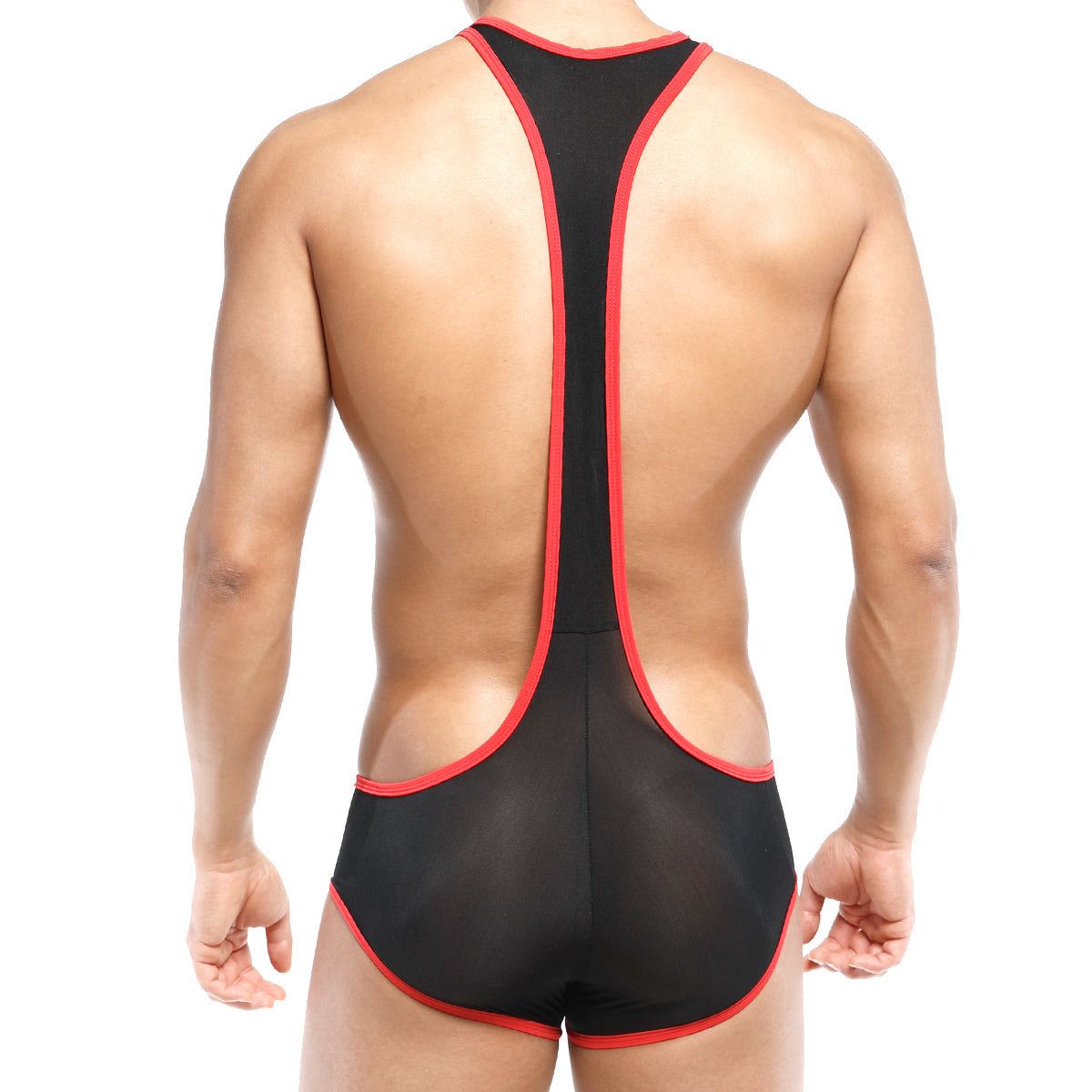 Black mesh wrestling singlet with red trim by MetroMaleWear Acme Singlet model 0010-12 for athletic use