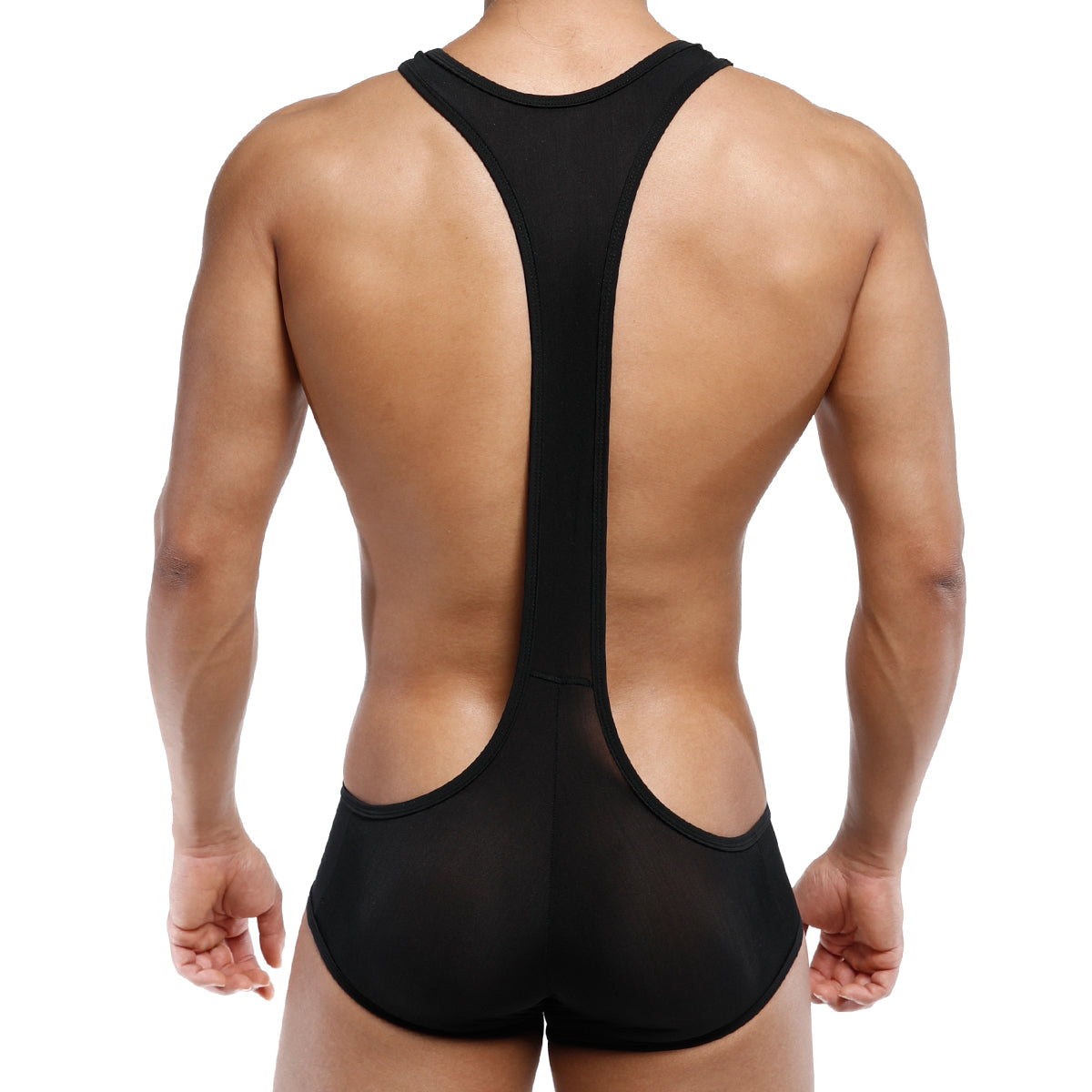 Back view of metromalewear acme singlet black form-fitting racerback with mesh panels for breathability