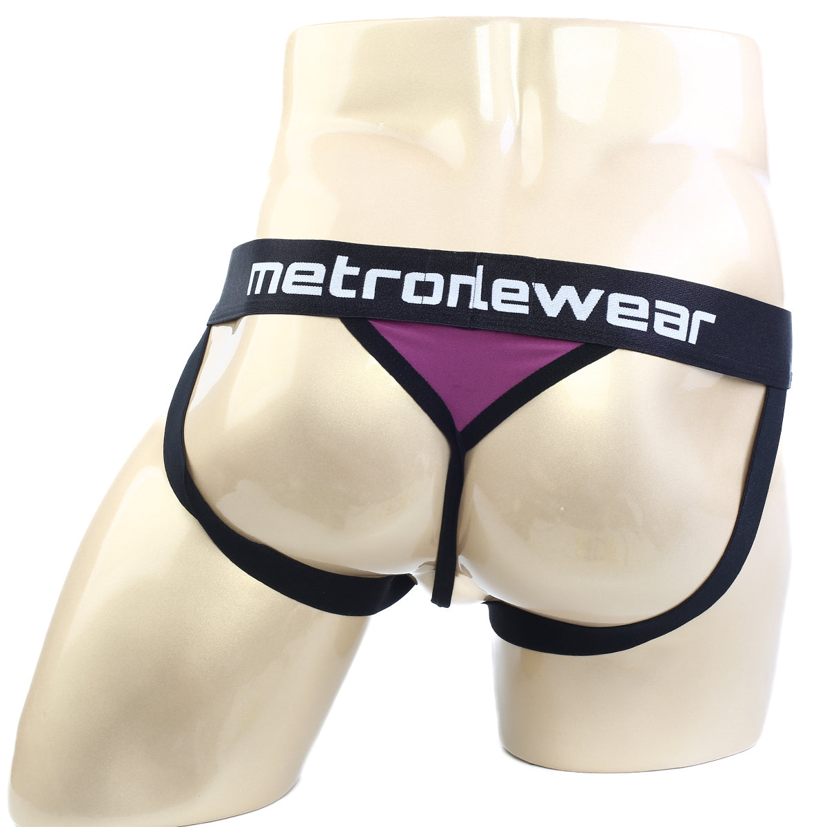 Black and purple athletic briefs with bold metronewear logo on waistband designed for metroMalewear ball holder jock strap burgundy 0013-19
