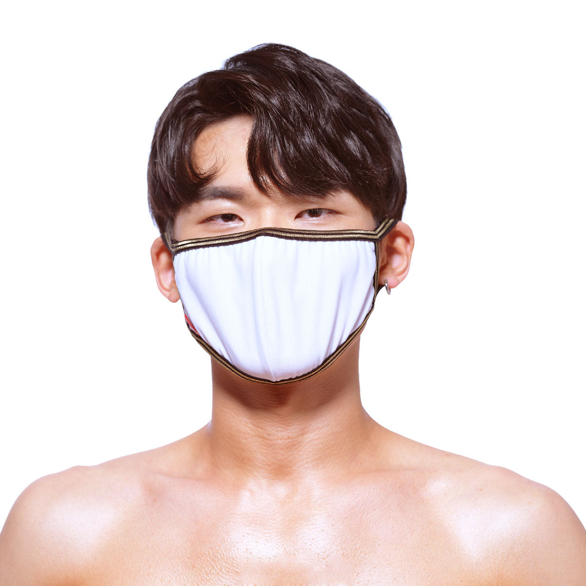 MetroMaleWear face mask white 0111-00 with gold trim featuring a comfortable white fabric design for everyday use