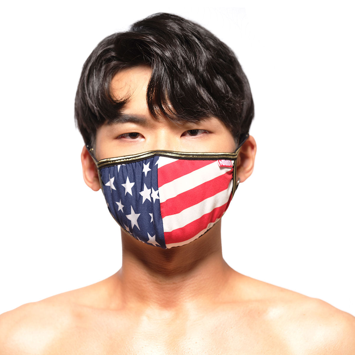 MetroMaleWear face mask usa 0111-60 with American flag pattern and gold trim for stylish protective wear