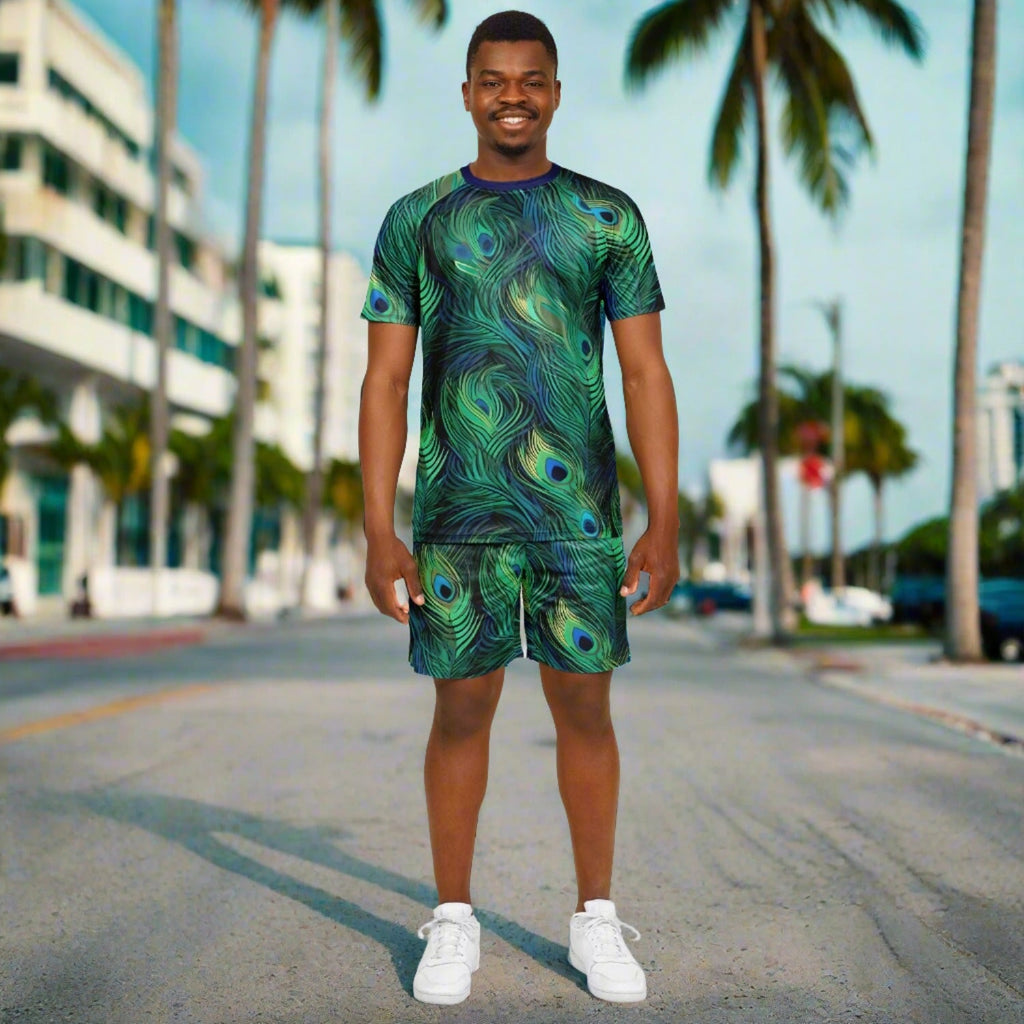 Maris Equi Peacock Feather Print Shorts And Top Set For Men