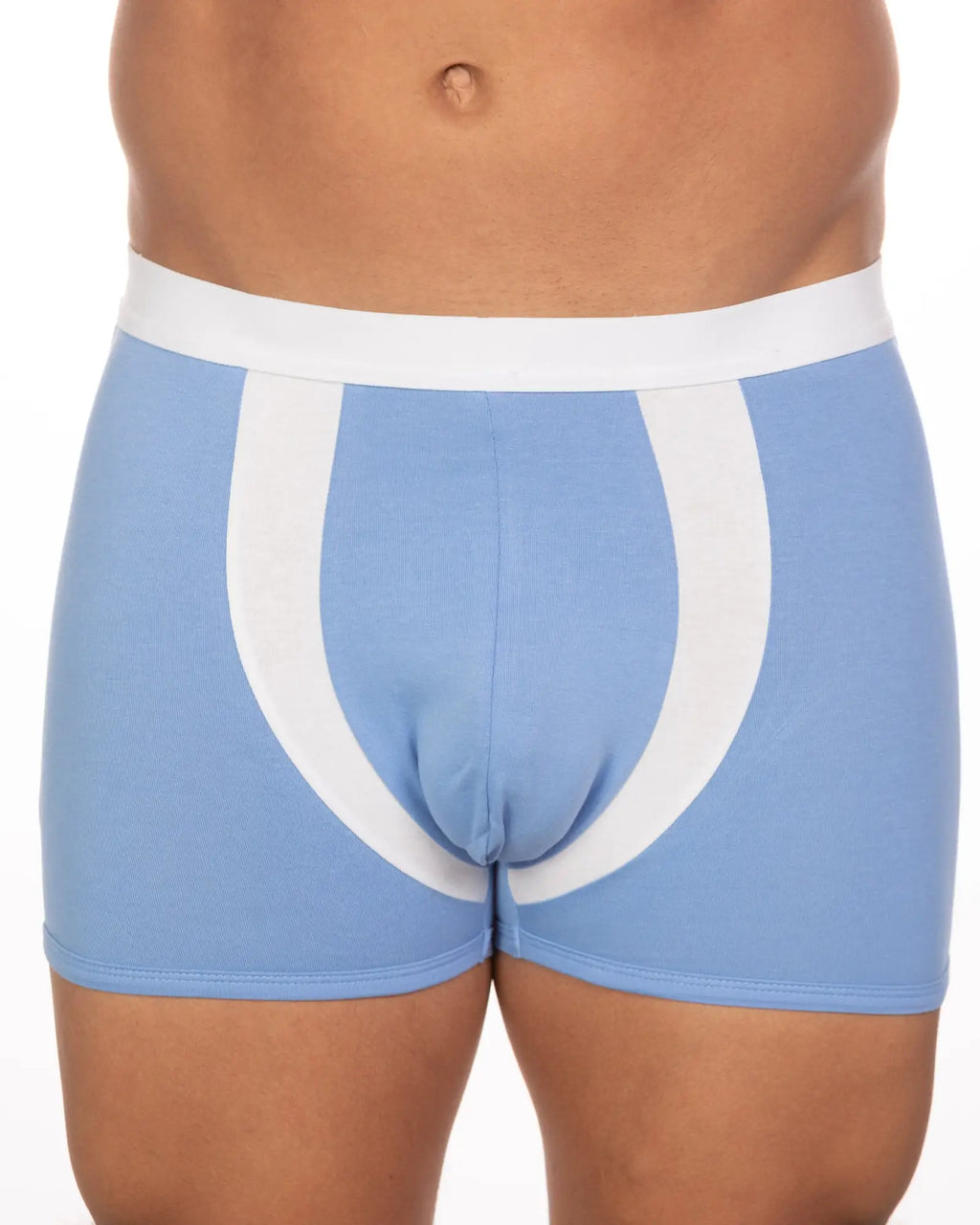 Light blue undergear basix alex two tone trunk boxer briefs with white elastic waistband and curved stripe down center