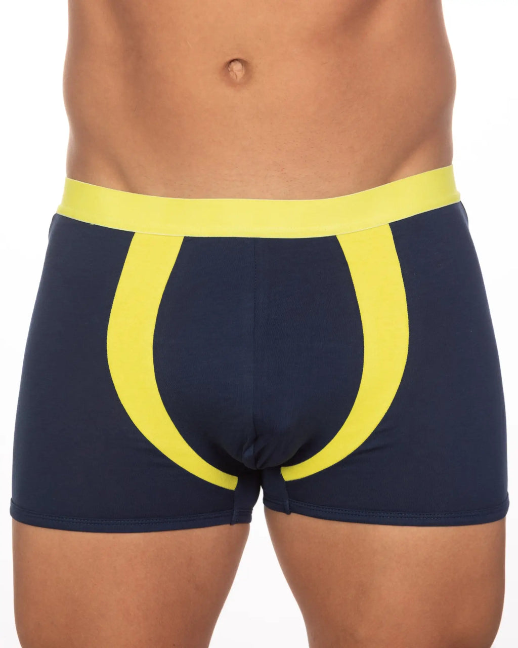 Navy blue boxer briefs from 10-pack undergear basix alex two-tone trunk with bold yellow waistband and side stripes