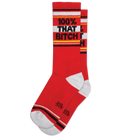 Red crew socks with white and black stripes featuring bold text 100% that bitch across the top section