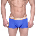 Royal blue metro malewear body boxer briefs with gold waistband featuring metromalewear logo in front view