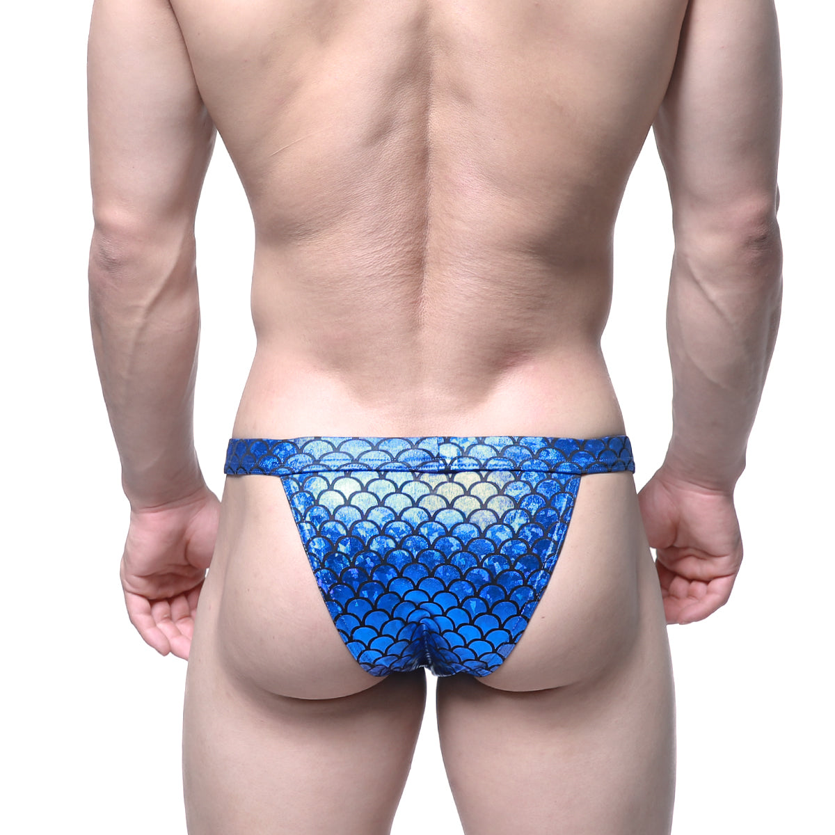 Blue mermaid-scale patterned swim briefs by metromalewear in royal blue, perfect for beach and pool use