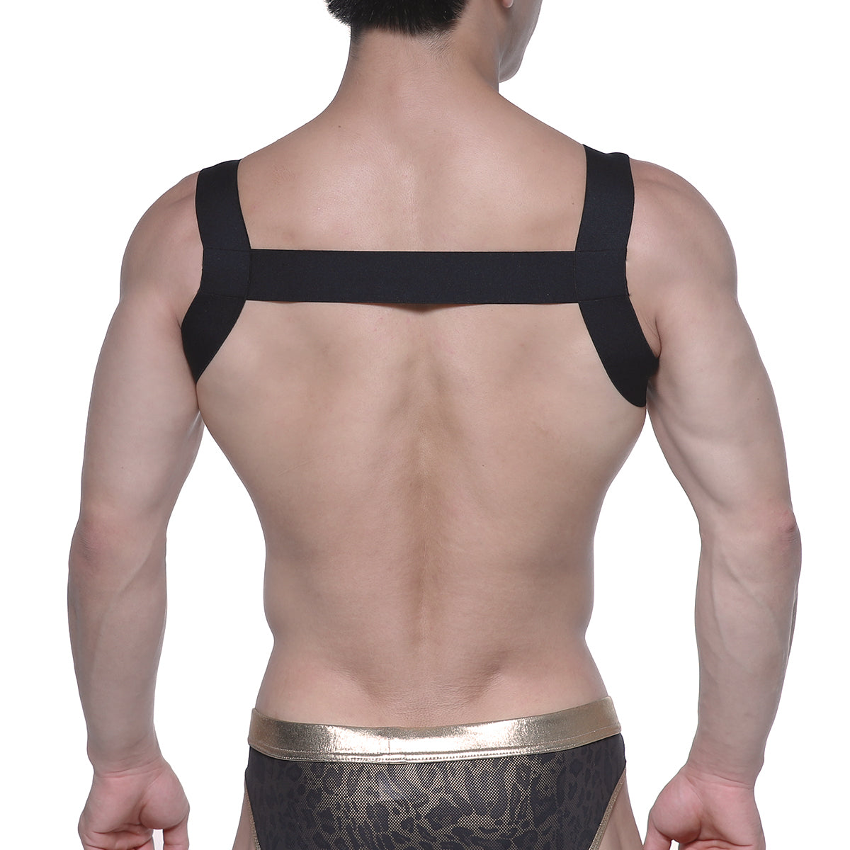 Back view of MetroMaleWear logo harness black featuring black elastic strap with shoulder straps and central band