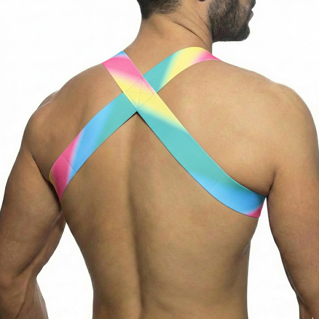 MetroMaleWear pastel harness 1400-50 vibrant rainbow crossback sports bra with smooth stretchy fabric design back view
