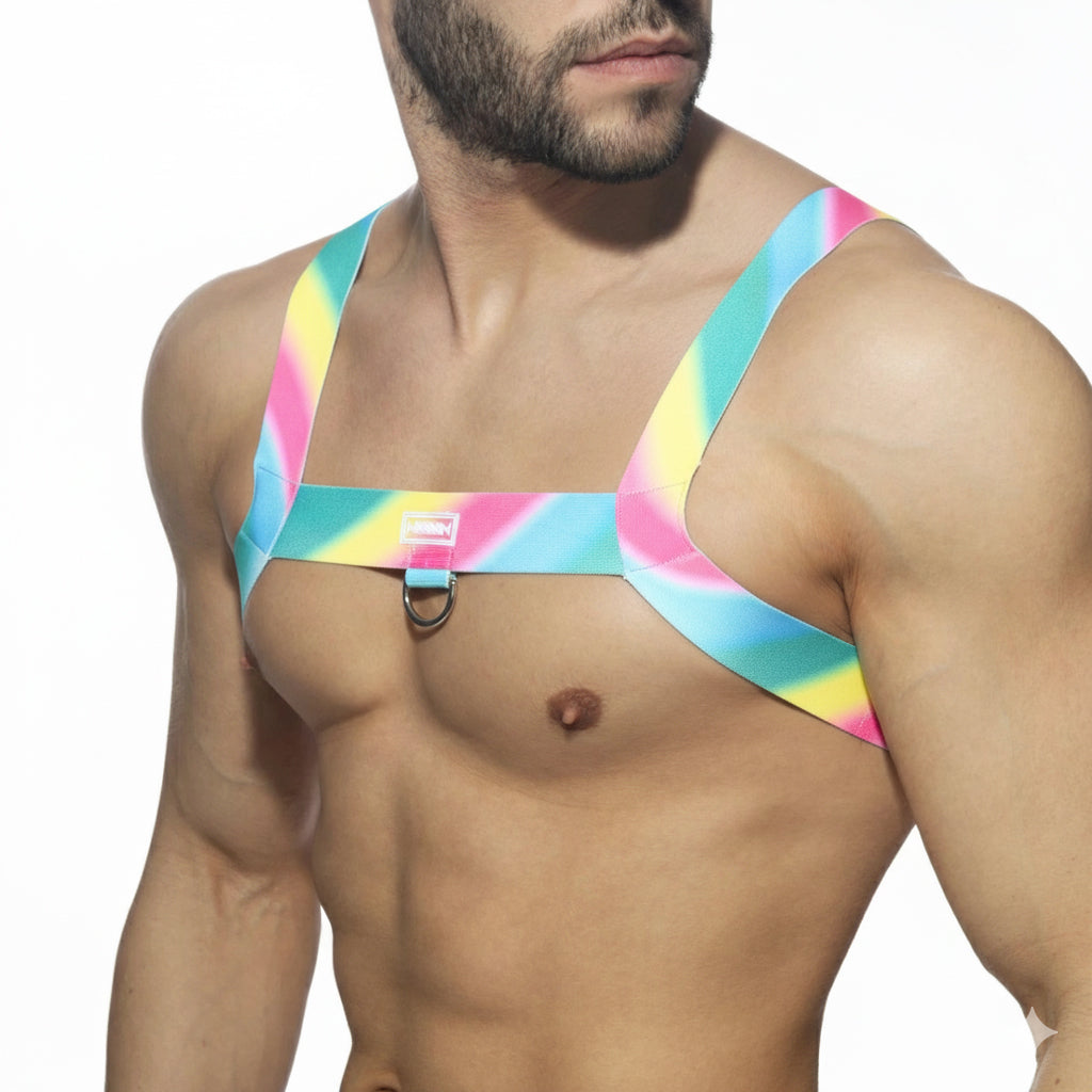 MetroMaleWear Pastel harness 1400-50 rainbow-striped harness with central metal ring and adjustable straps