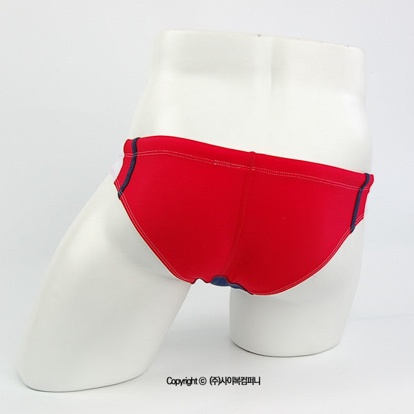 Red swim bikini by metromalewear california featuring navy blue trim and stitching ideal for beachwear