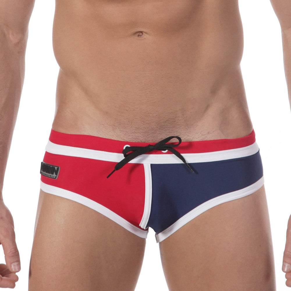 MetroMalewear double band swim brief navy with red and navy blue trunks white trim and black drawstring