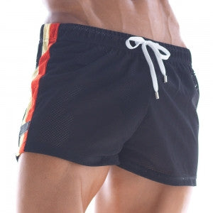MetroMaleWear soccer swim short black mesh with white drawstring and orange side stripe for sporty swim use