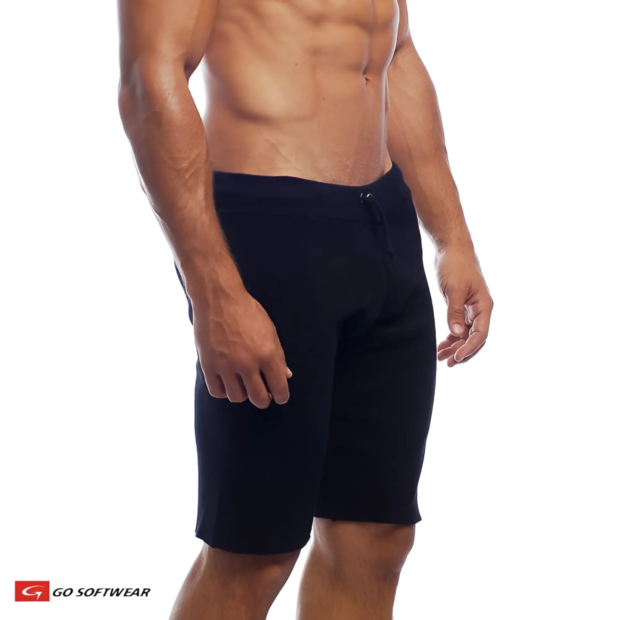 Black 16 inch cut-off short athletic shorts with drawstring waistband made from soft fabric