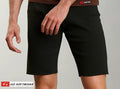 16 inch cut-off black cotton shorts with a brown waistband featuring the go softwear logo