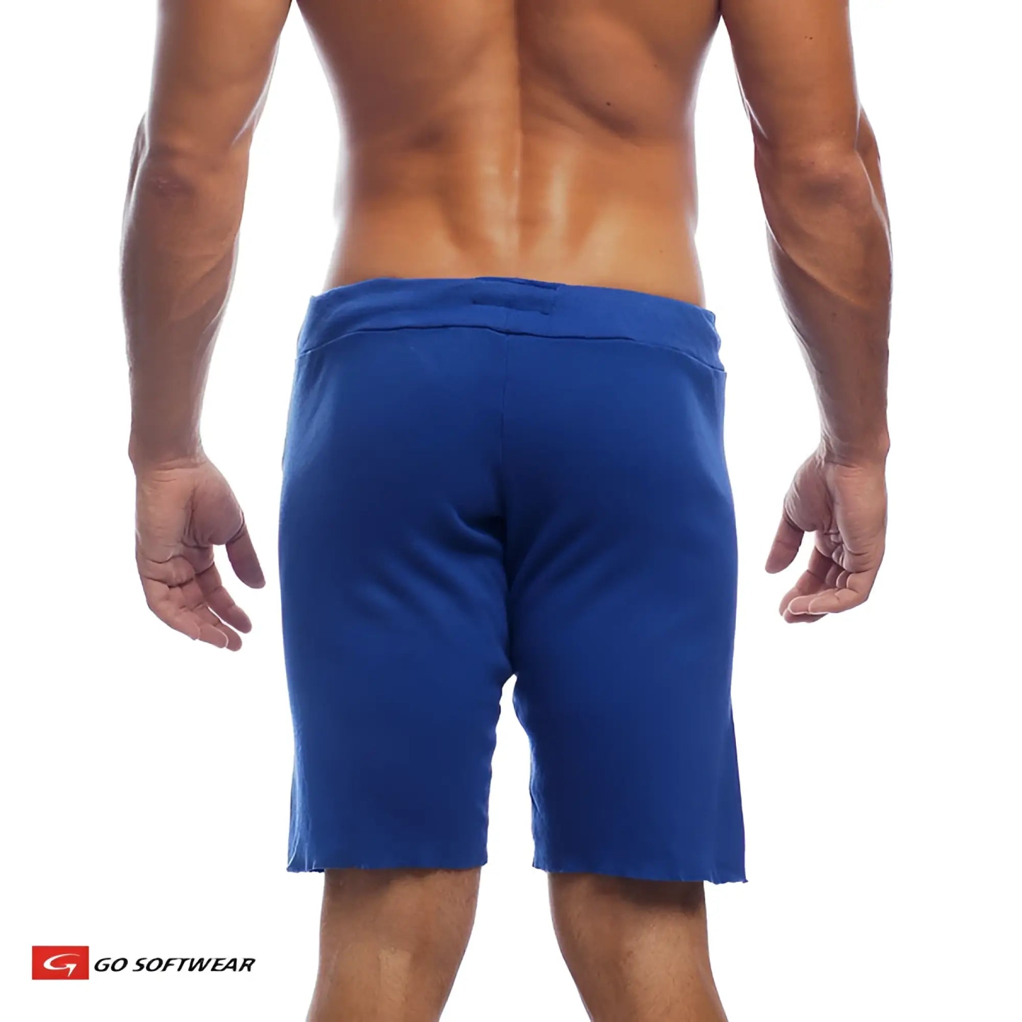 Blue 16 inch cut off athletic shorts with ribbed waistband frayed hem made from soft fabric for comfort